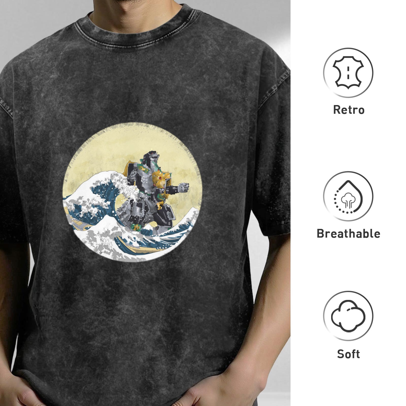 Oversized Acid Wash T-Shirt with Great Wave of Kanagawa x Mecha Robot Graphic Print