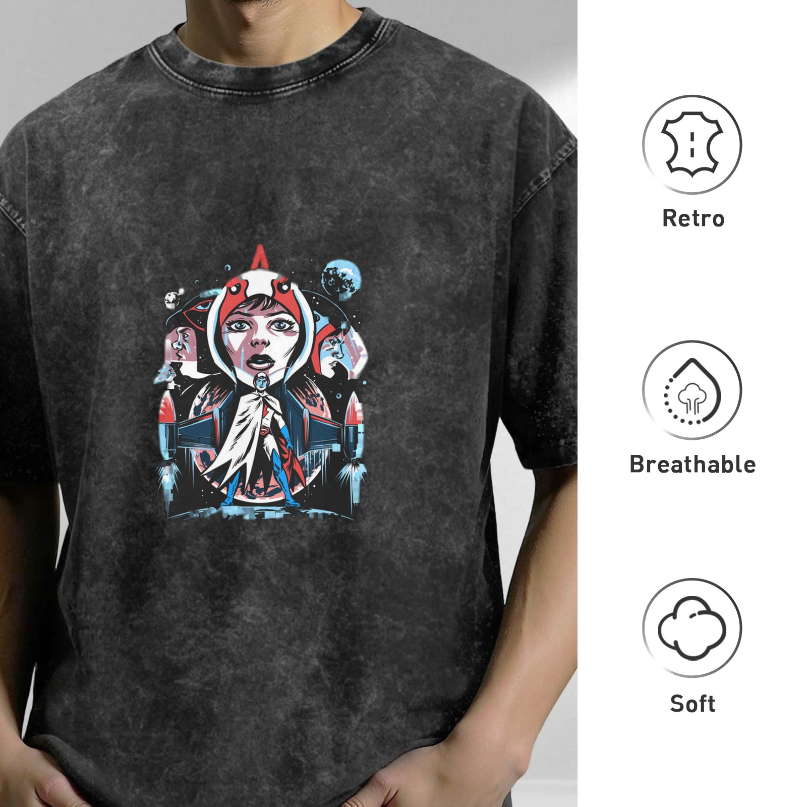 Washed Black Oversized T-Shirt with Retro Space Anime Graphic Print