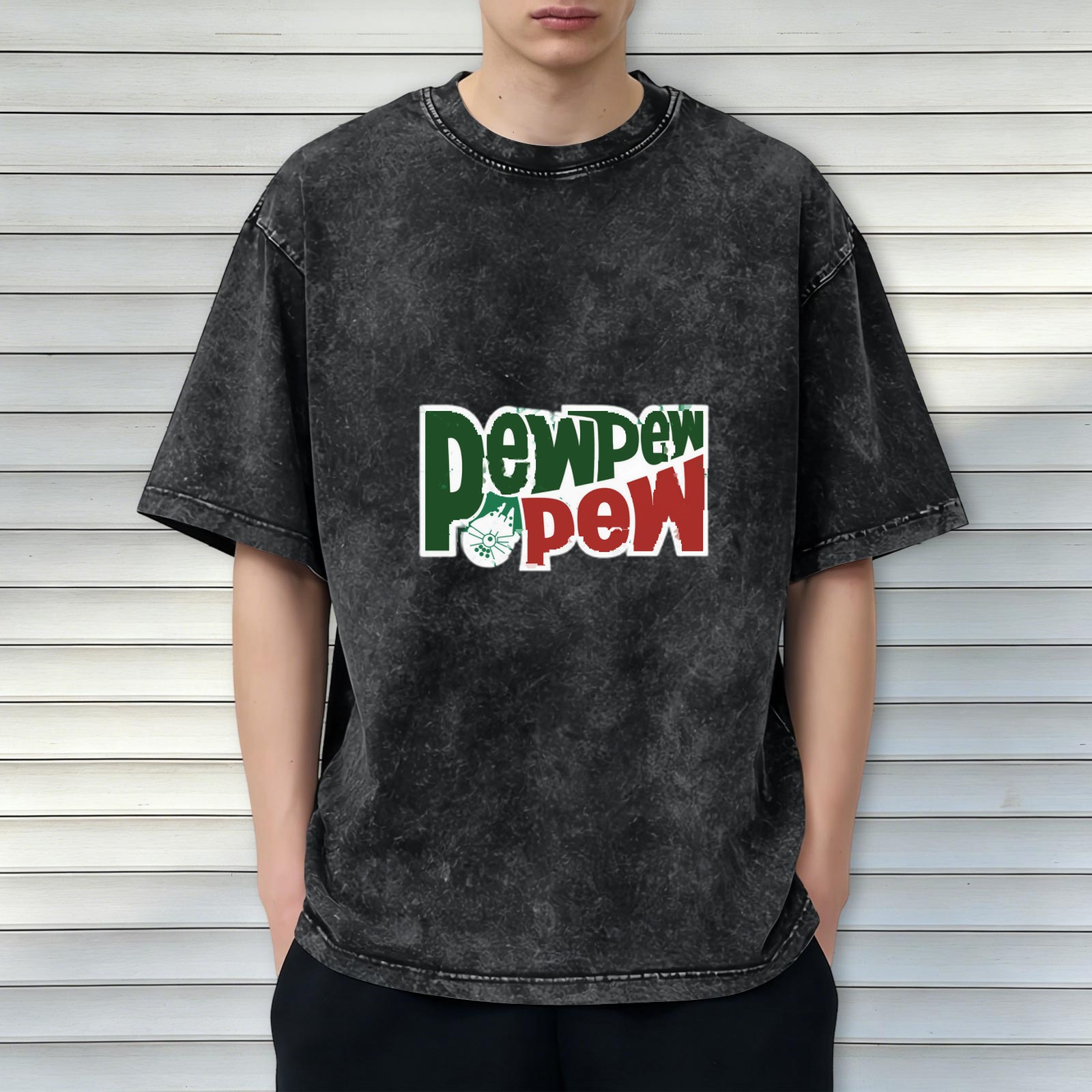 Distressed washed black loose short-sleeved T-shirt Fun Pew Pew Pew printed crew neck top