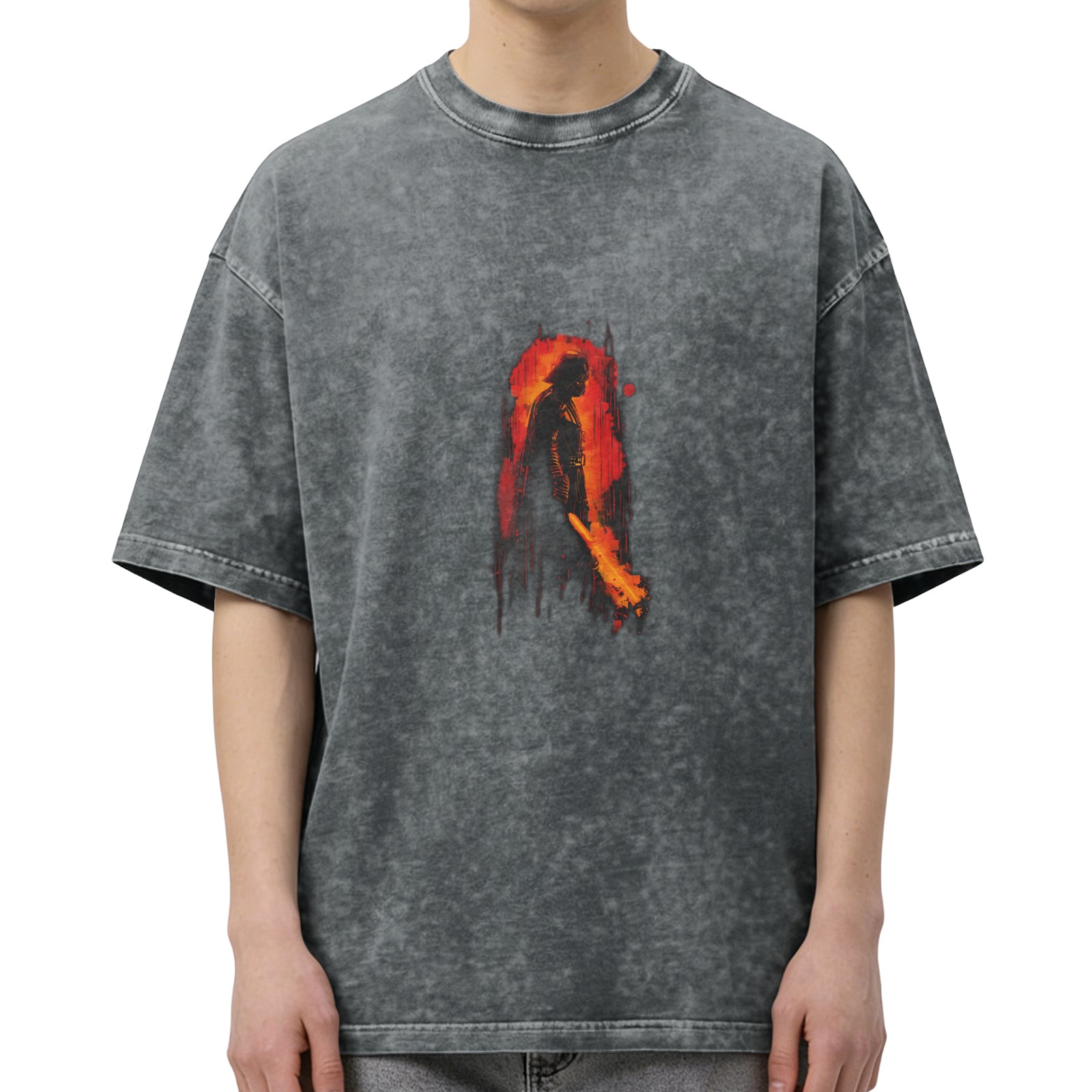 Washed black graphic t-shirt with fiery warrior silhouette print