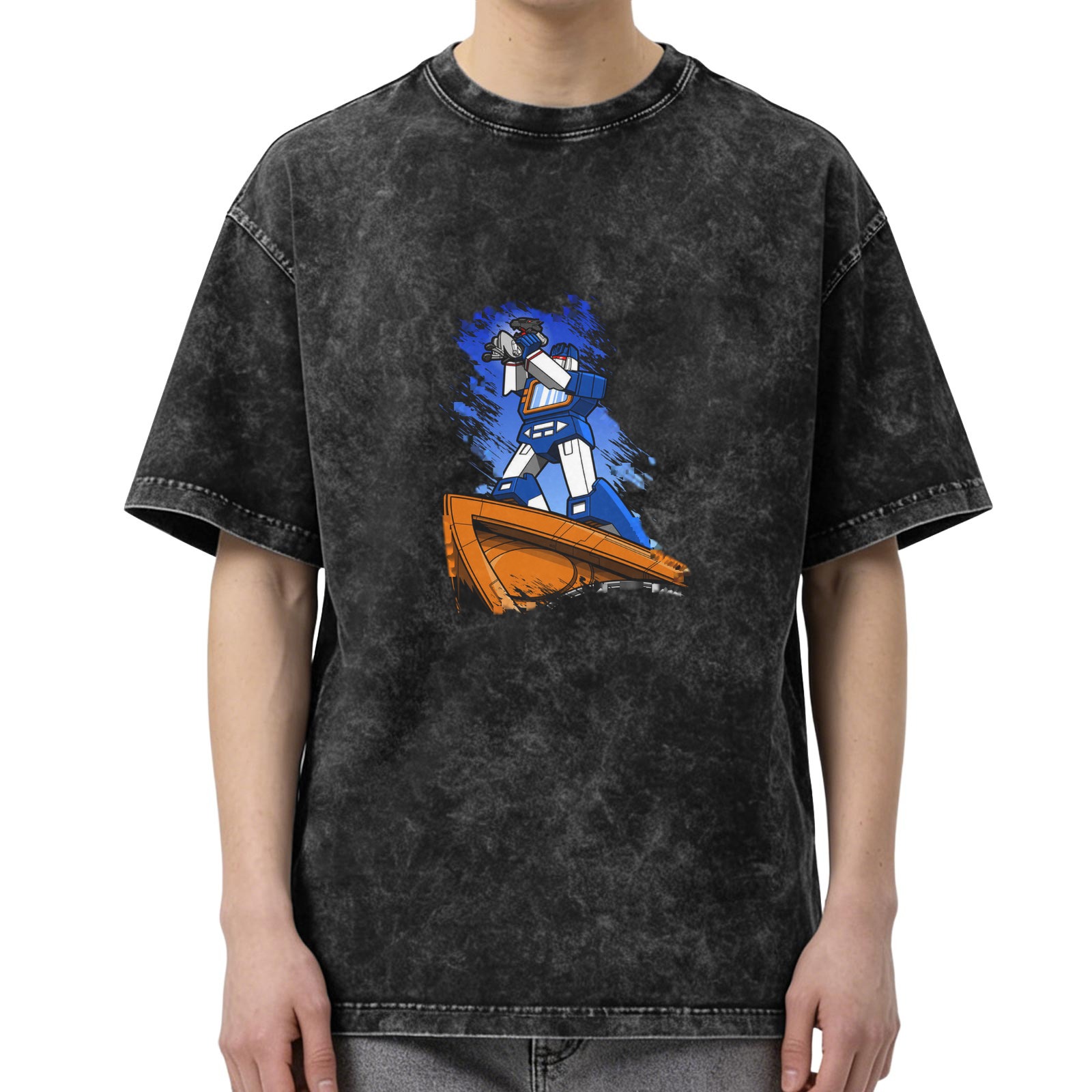 Washed Black T-Shirt with Retro Robot Graphic Print