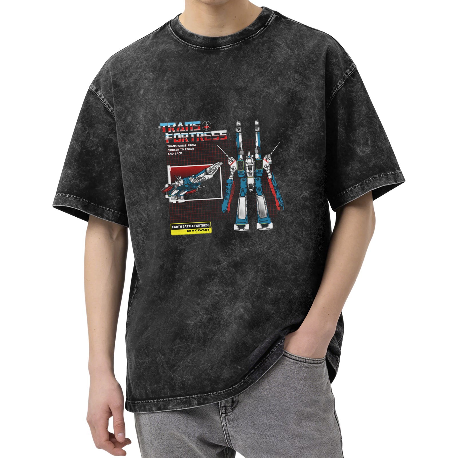 Retro distressed washed black short-sleeved T-shirt Battlestar mecha-themed printed loose top