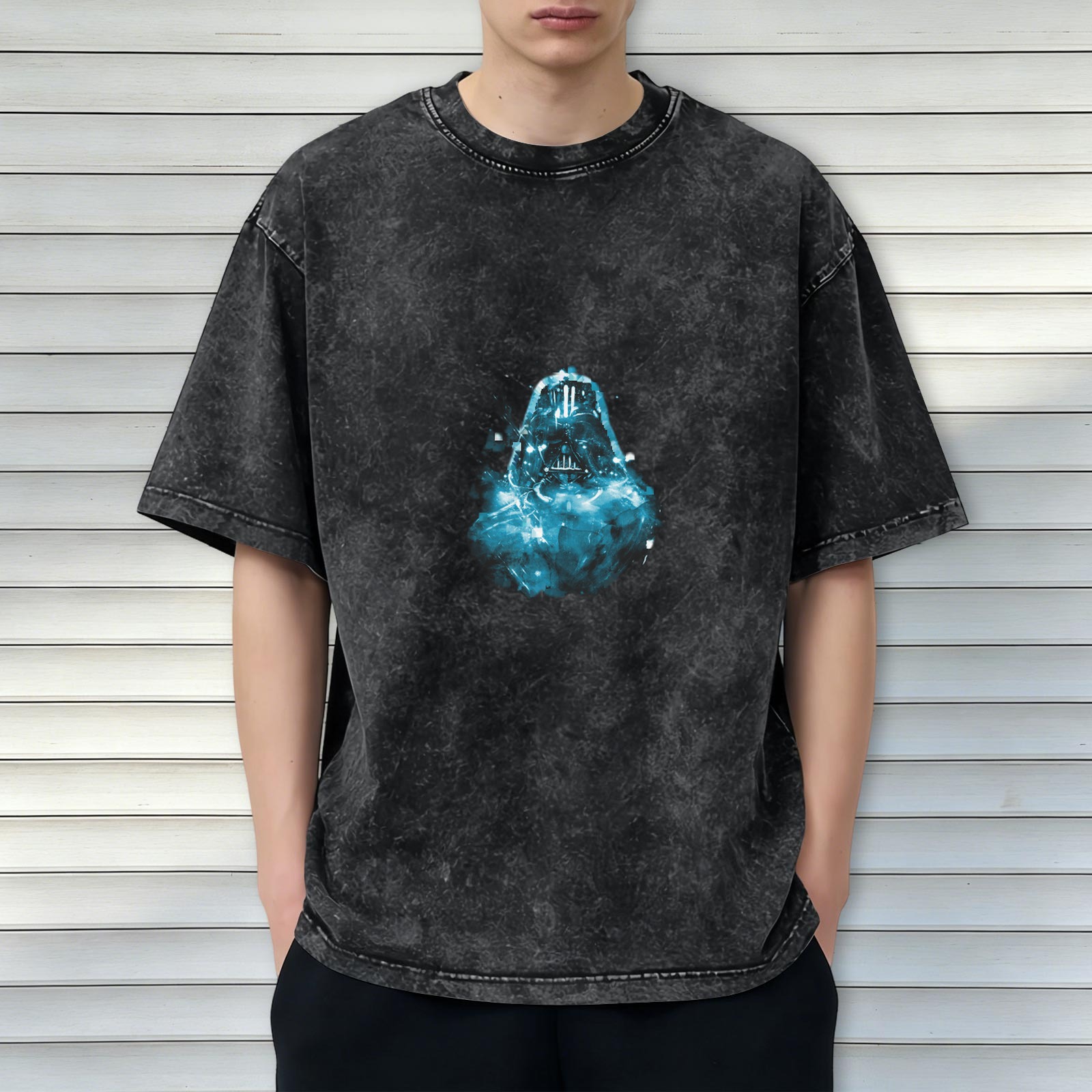 Washed Black Oversized T-Shirt With Glowing Blue Darth Vader Graphic