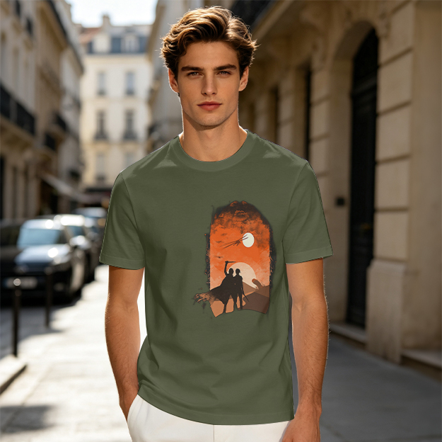 Olive T-Shirt With Desert Sunset Silhouette Print