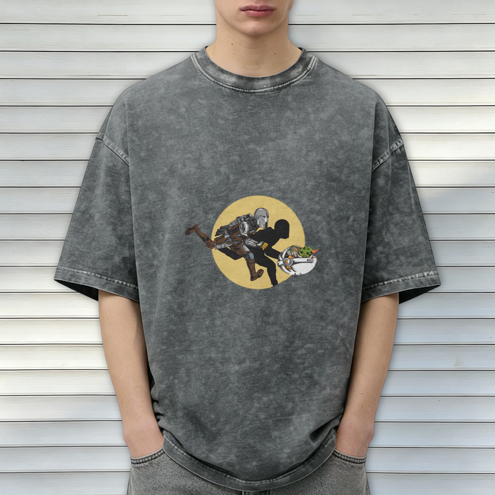 Washed black graphic t-shirt with Star Wars Mandalorian and Grogu design