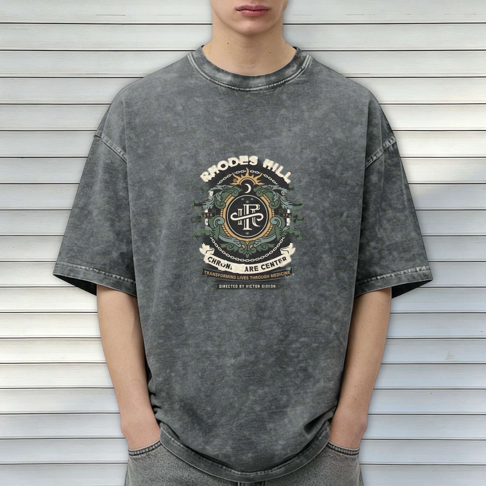 Vintage Acid Wash T-Shirt with Rhodes Hill Chronic Care Center Print