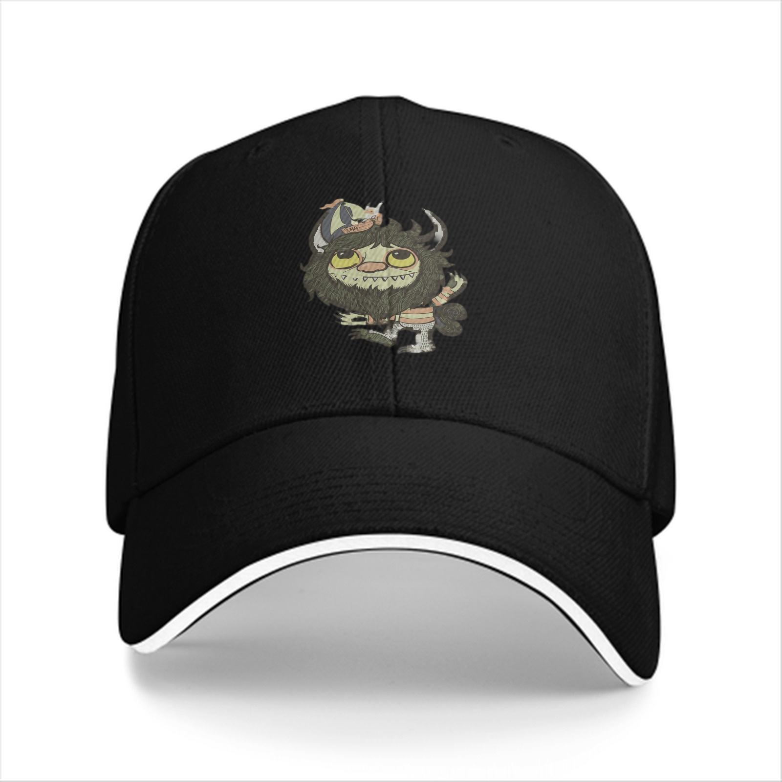 Black Baseball Cap With Cute Wild Monster Cartoon Print