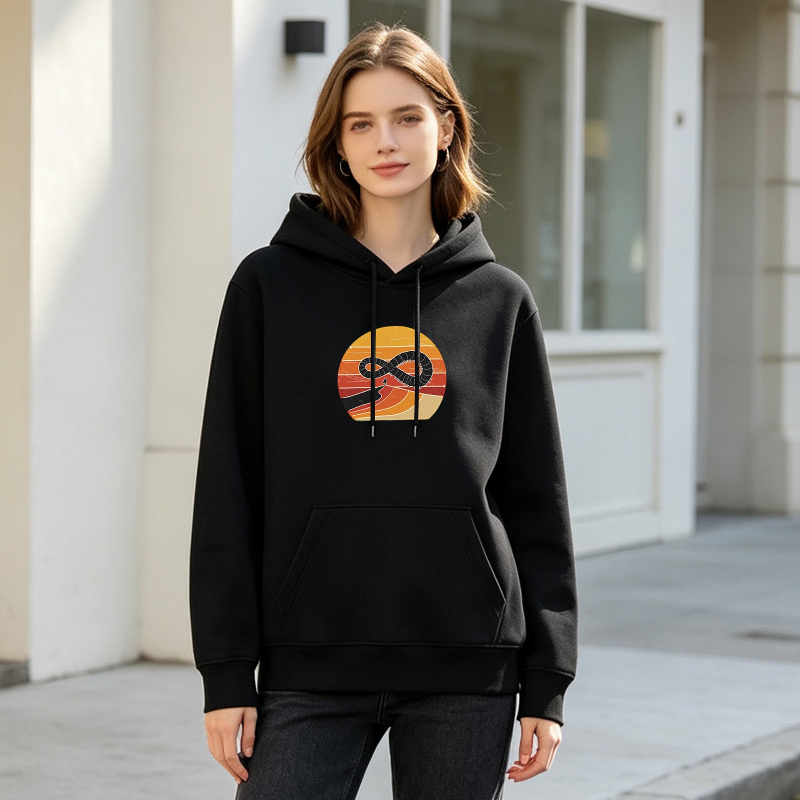 Black Hoodie With Retro Sunset Infinity Snake Graphic