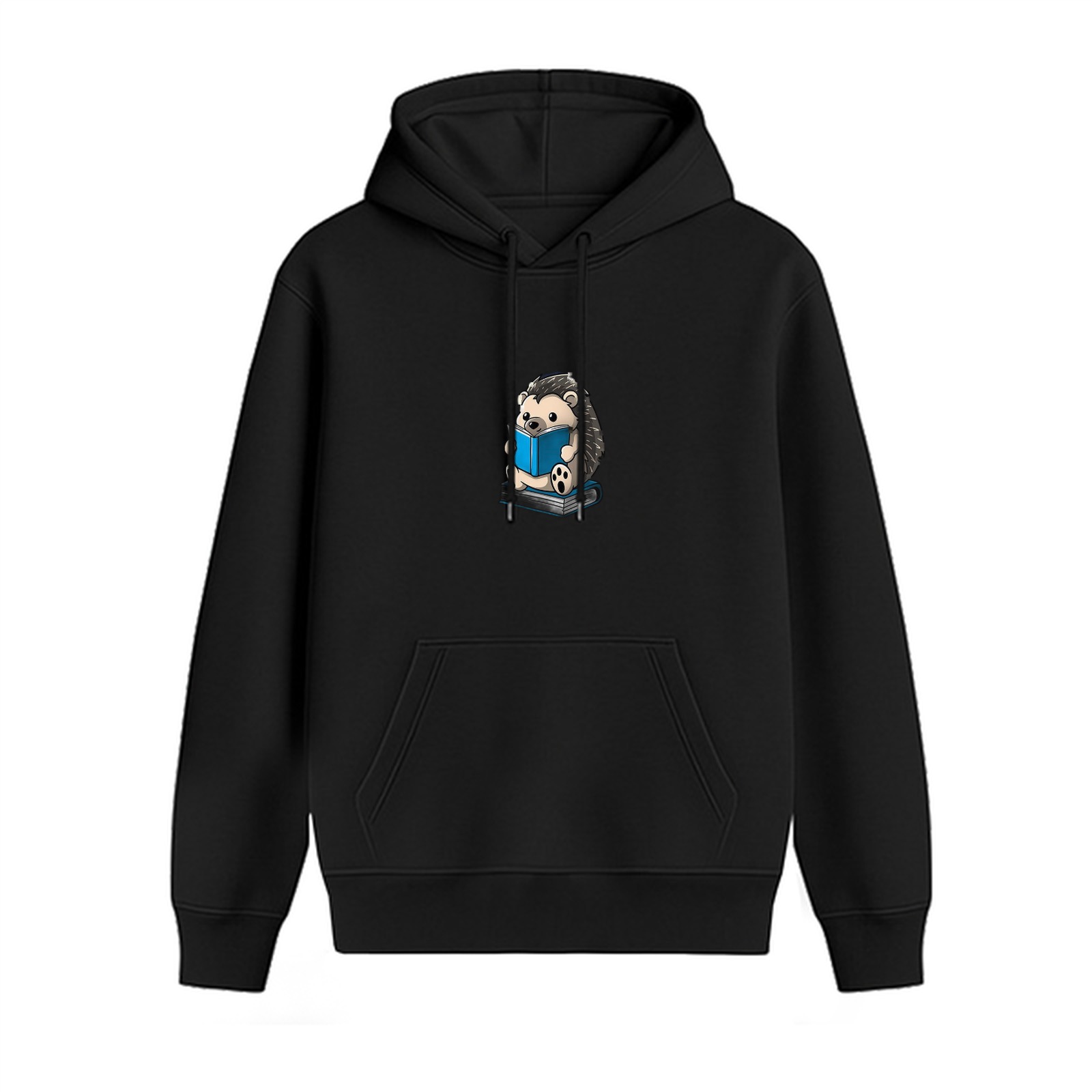 Black Hoodie With Cute Hedgehog Reading Book Print