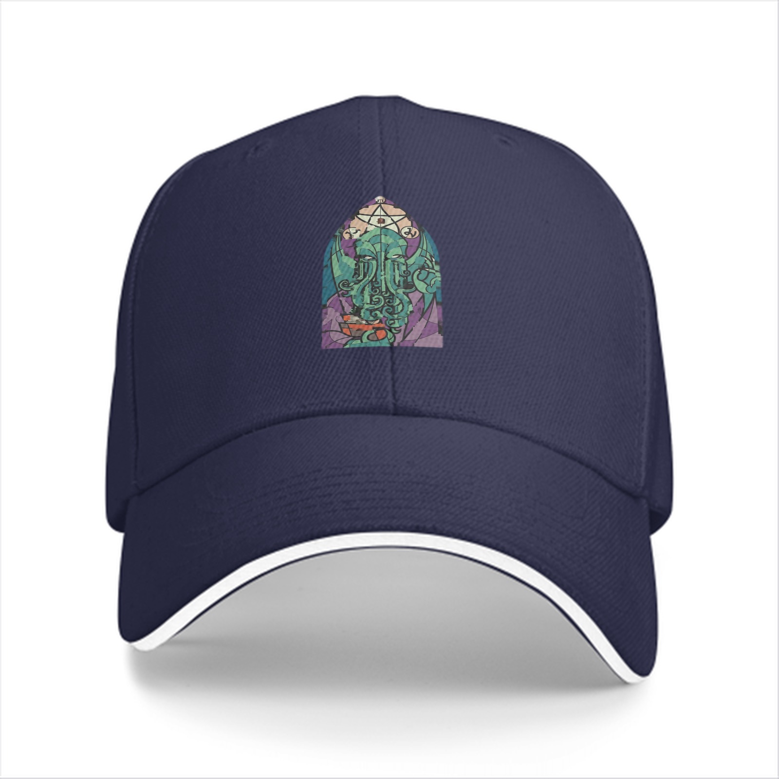 Black Baseball Cap with Cthulhu Stained Glass Style Graphic
