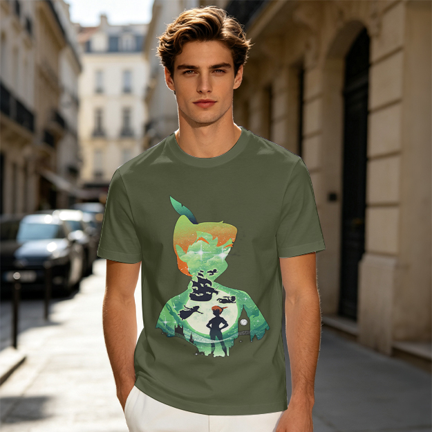 Olive T-shirt with Peter Pan Silhouette Artwork