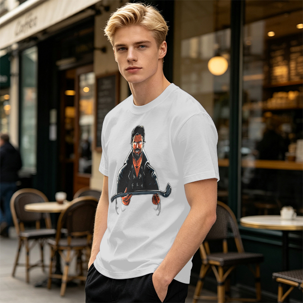 Olive T-Shirt With Bearded Man Holding Crowbar Graphic Print