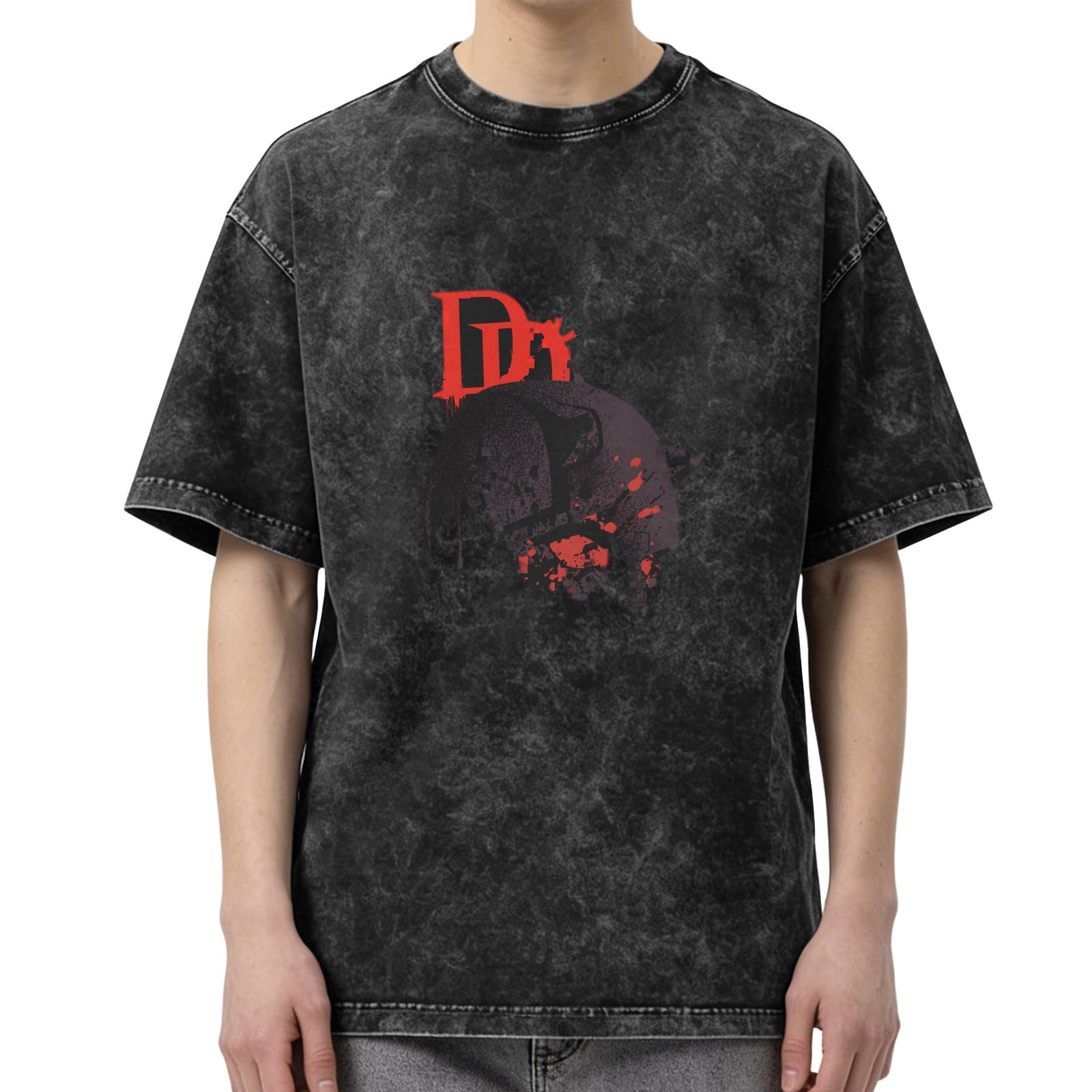 Oversized Dark Wash Graphic T-Shirt With Red D Logo And Skull Art