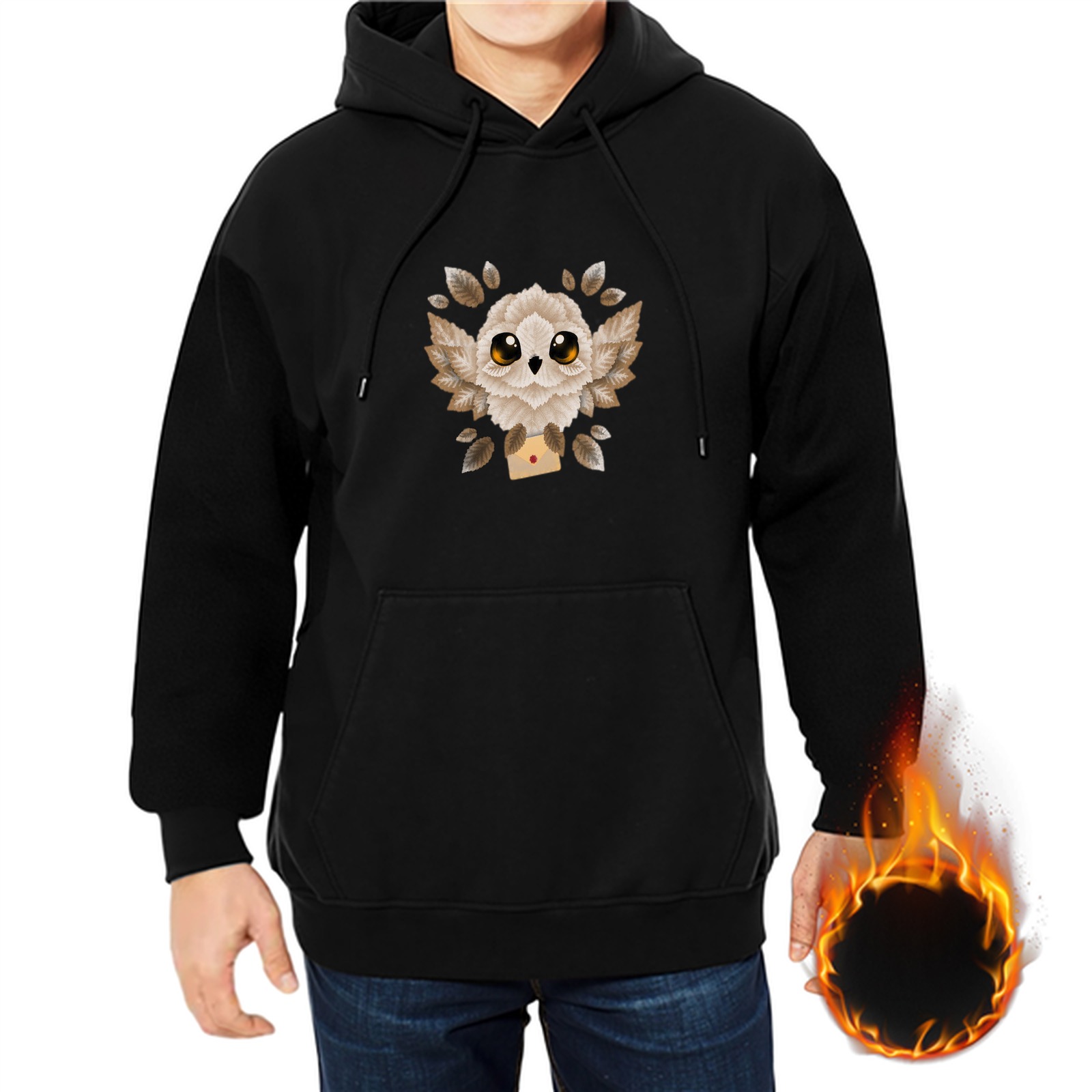 Black Hoodie With Cute Owl Holding Envelope Graphic Print