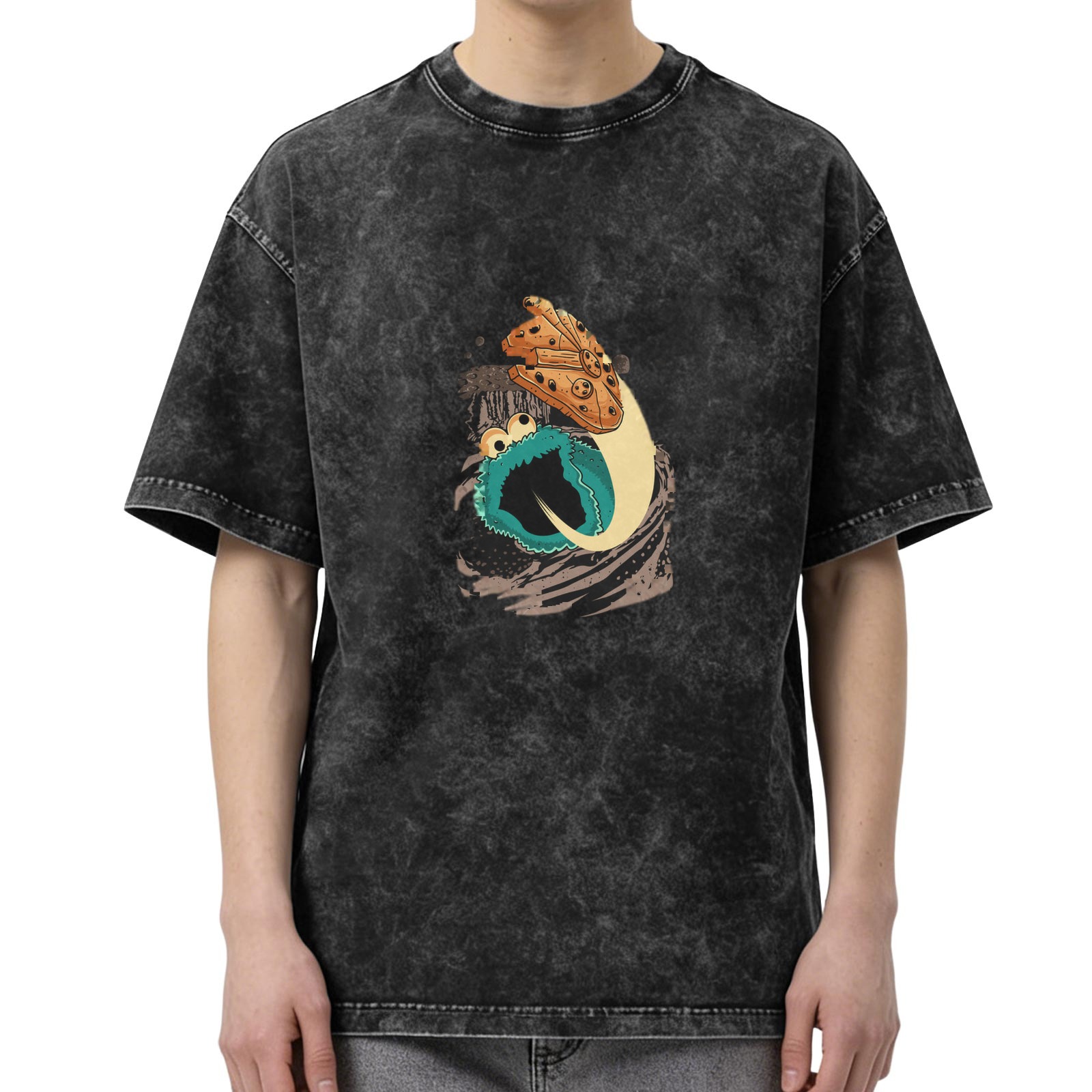 Oversized Acid Wash T-Shirt with Cookie Monster Graphic Print