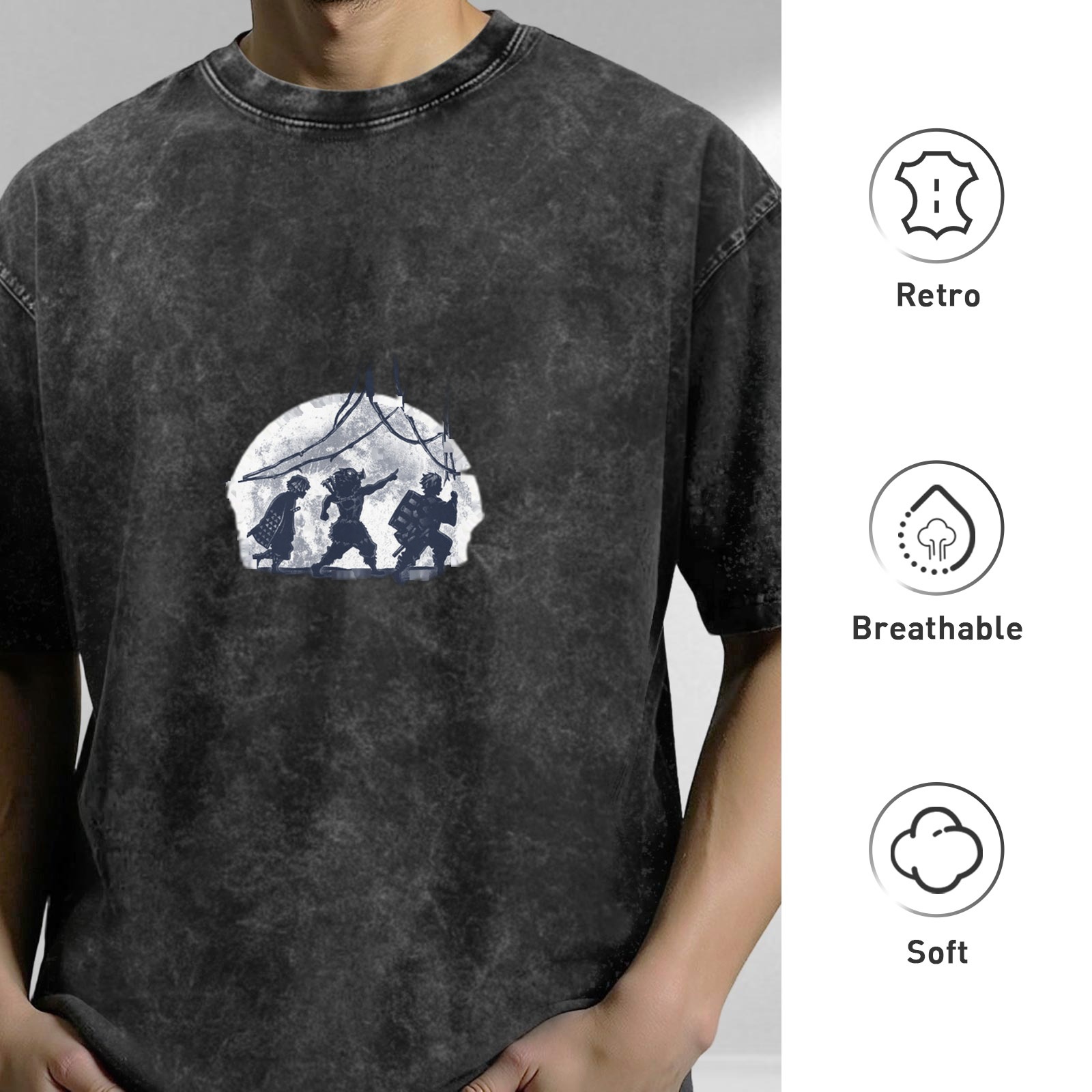 Washed Black Oversized T-Shirt With Moon Warrior Silhouette Graphic