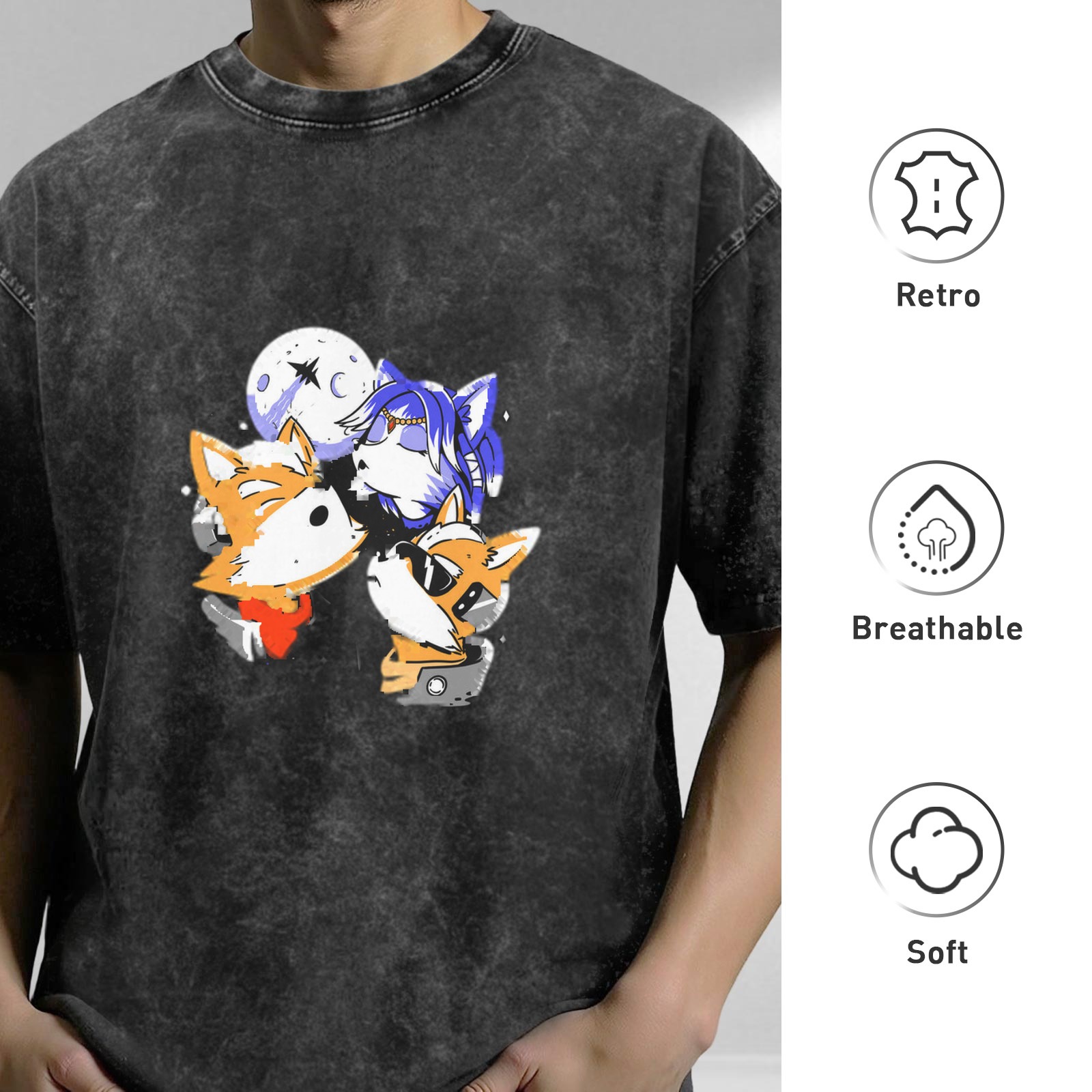 Oversized Acid Wash T-Shirt With Space Fox Cartoon Graphic Print