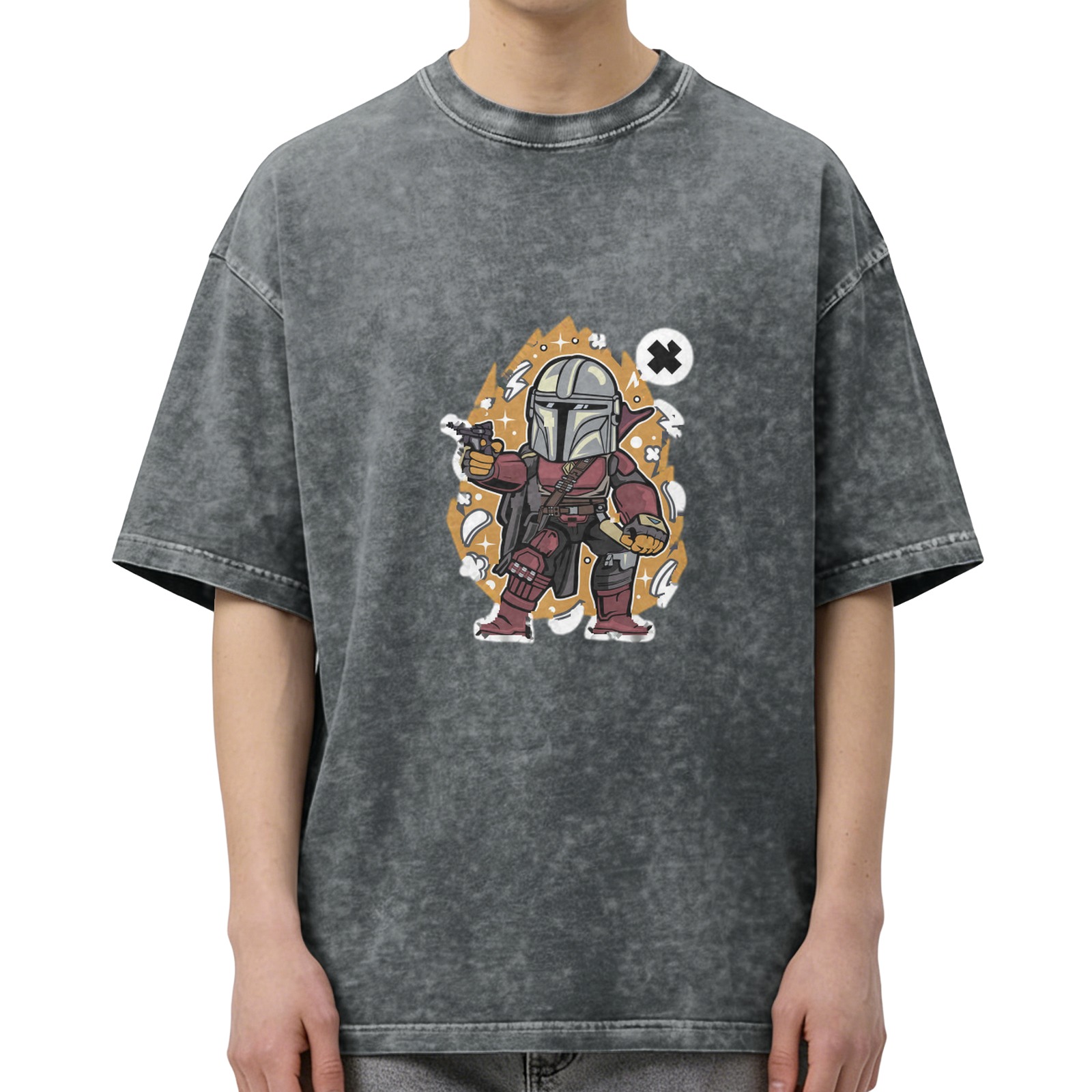 Washed Black T-Shirt with Chibi Mandalorian Graphic Print