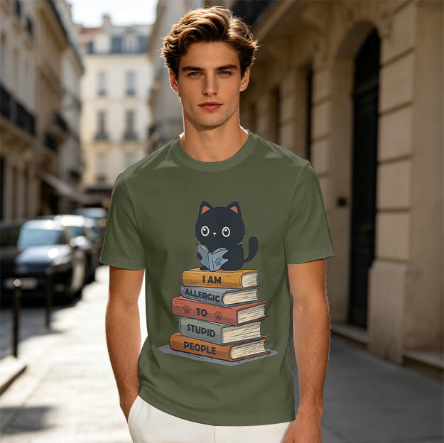 Olive t-shirt with black cat reading on books that say I am allergic to stupid people