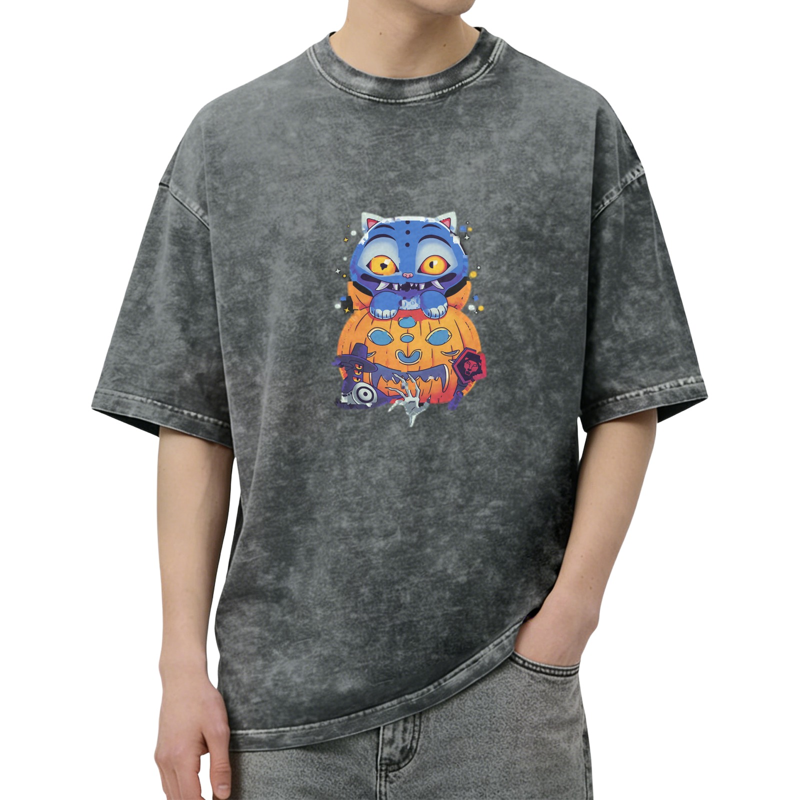 Oversized dark washed graphic t-shirt with spooky Halloween cat and pumpkin