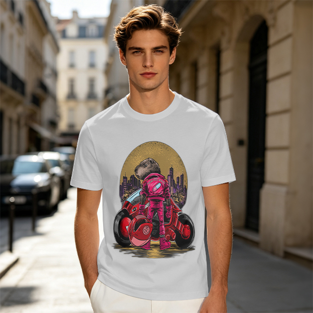 Olive T-Shirt With Capybara Biker And Futuristic City Print