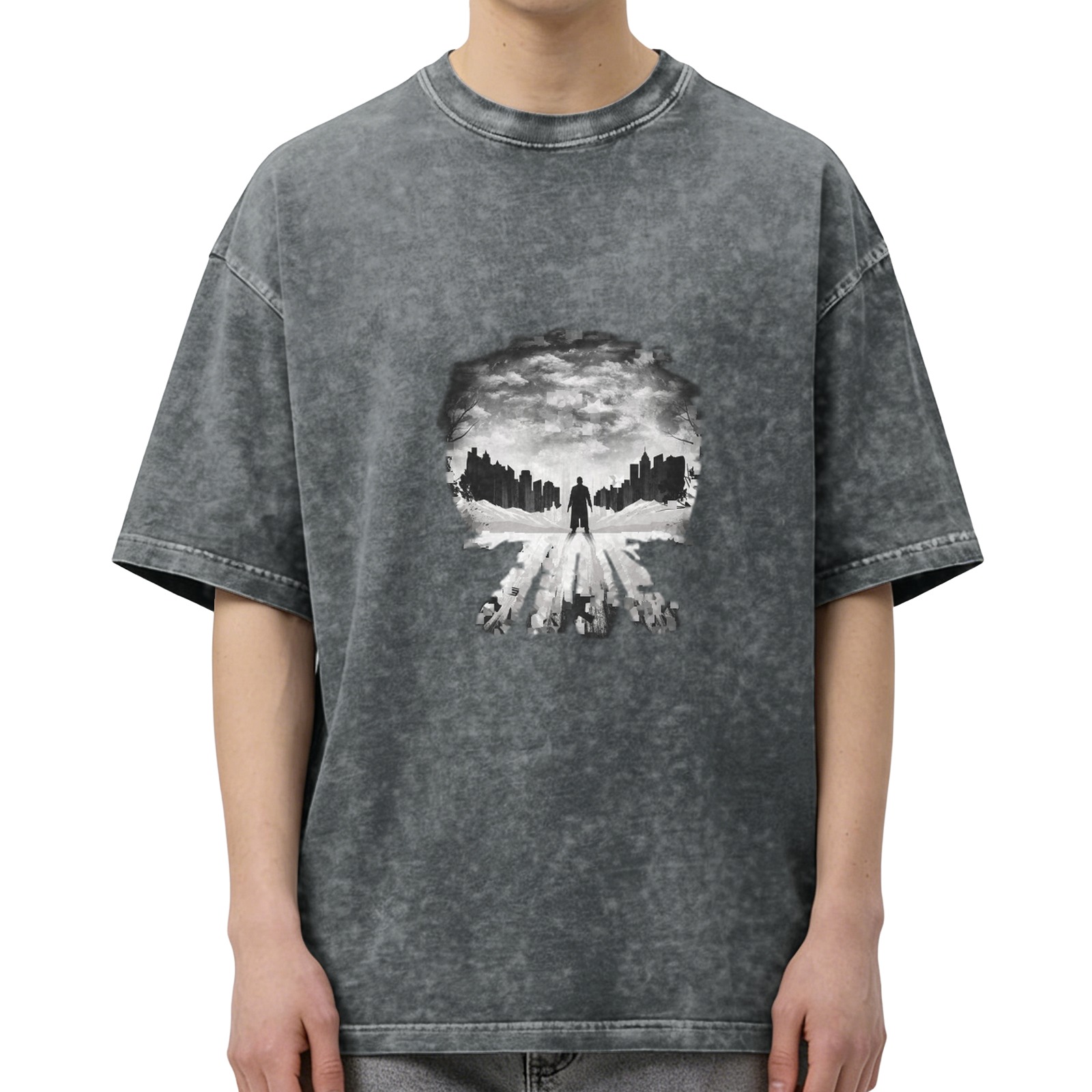 Oversized Acid Wash T-Shirt With Skull Silhouette Cityscape Graphic