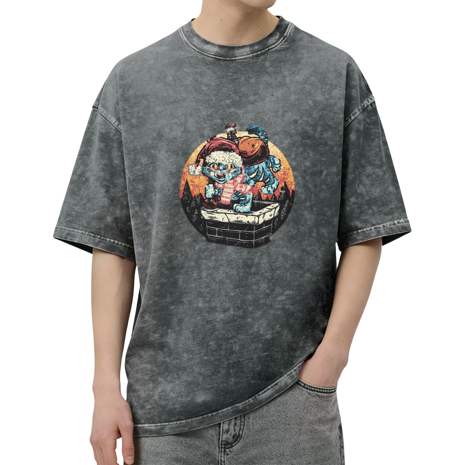 Vintage Christmas Cat Chimney Graphic Acid Wash T-Shirt