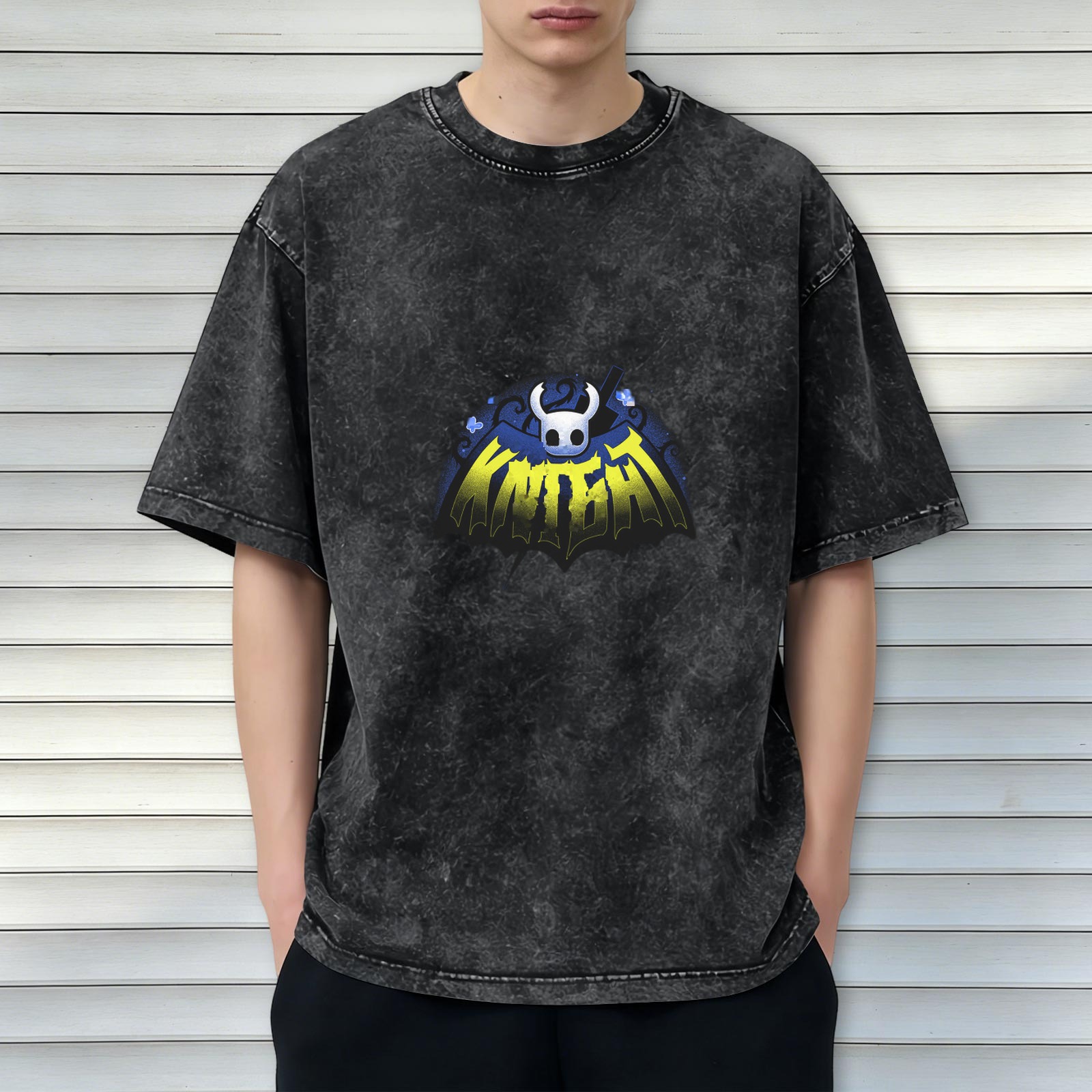 Oversized Dark Wash T-Shirt With Hollow Knight Graphic Print