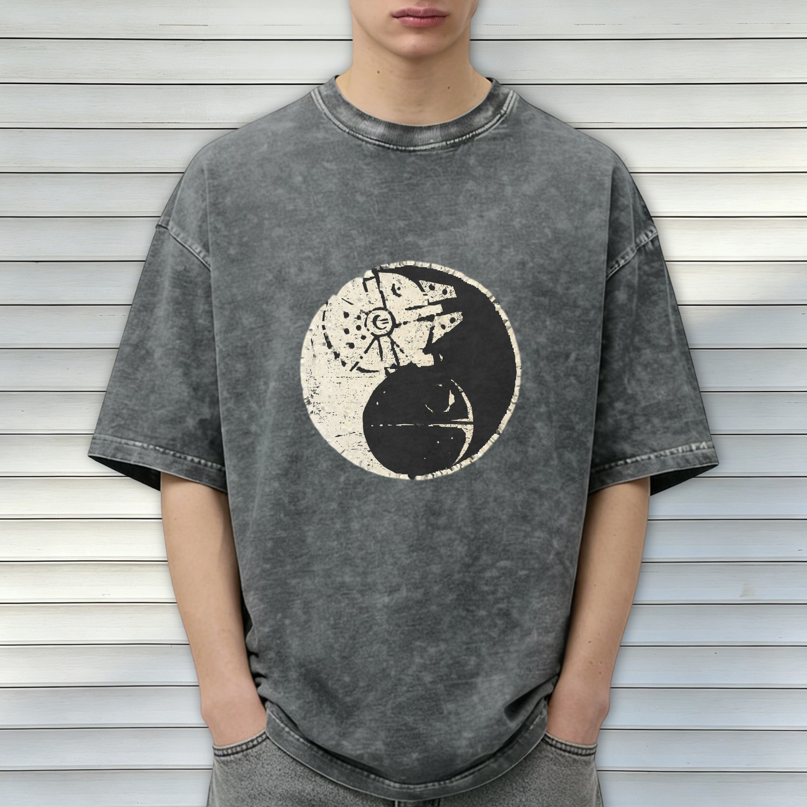Star Wars Yin Yang Graphic Acid Wash T-Shirt, Oversized Short Sleeve Crew Neck Tee, Casual Streetwear Top
