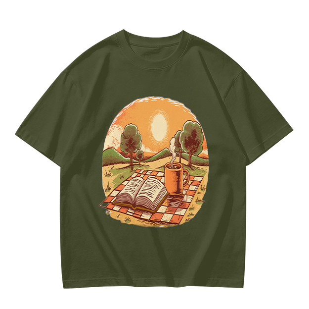 Olive T-Shirt with Sunset Picnic Book and Coffee Art