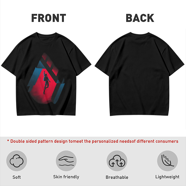 Olive T-shirt with Spider-Man mid-swing over city buildings