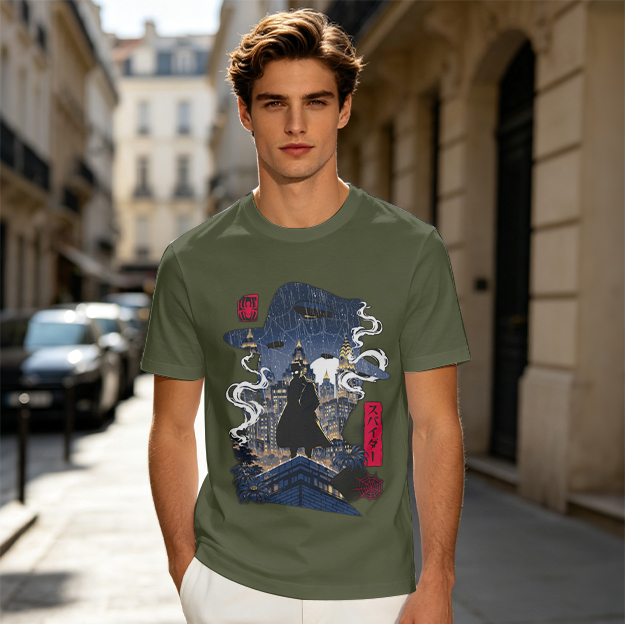 Olive T-Shirt with Night City Rooftop Spy Silhouette Art