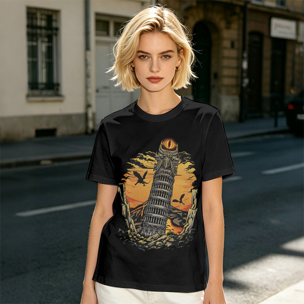 Ominous tower with eye and flying creatures graphic t-shirt
