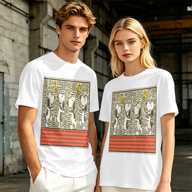 Olive T-shirt with dancing Snoopy and Woodstock graphic print