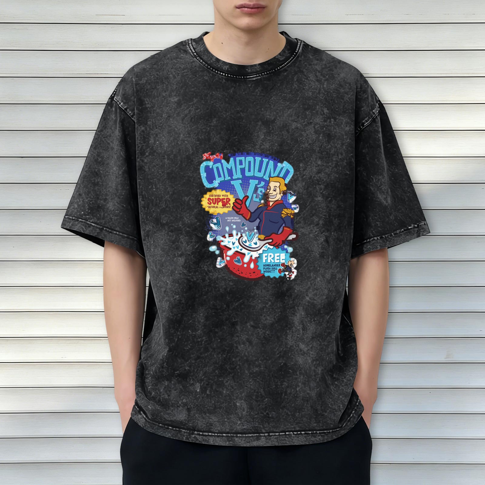 Washed black graphic t-shirt with Compound V cartoon design