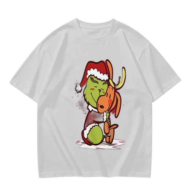 Olive Christmas T-Shirt Featuring Grinch Hugging Max The Reindeer