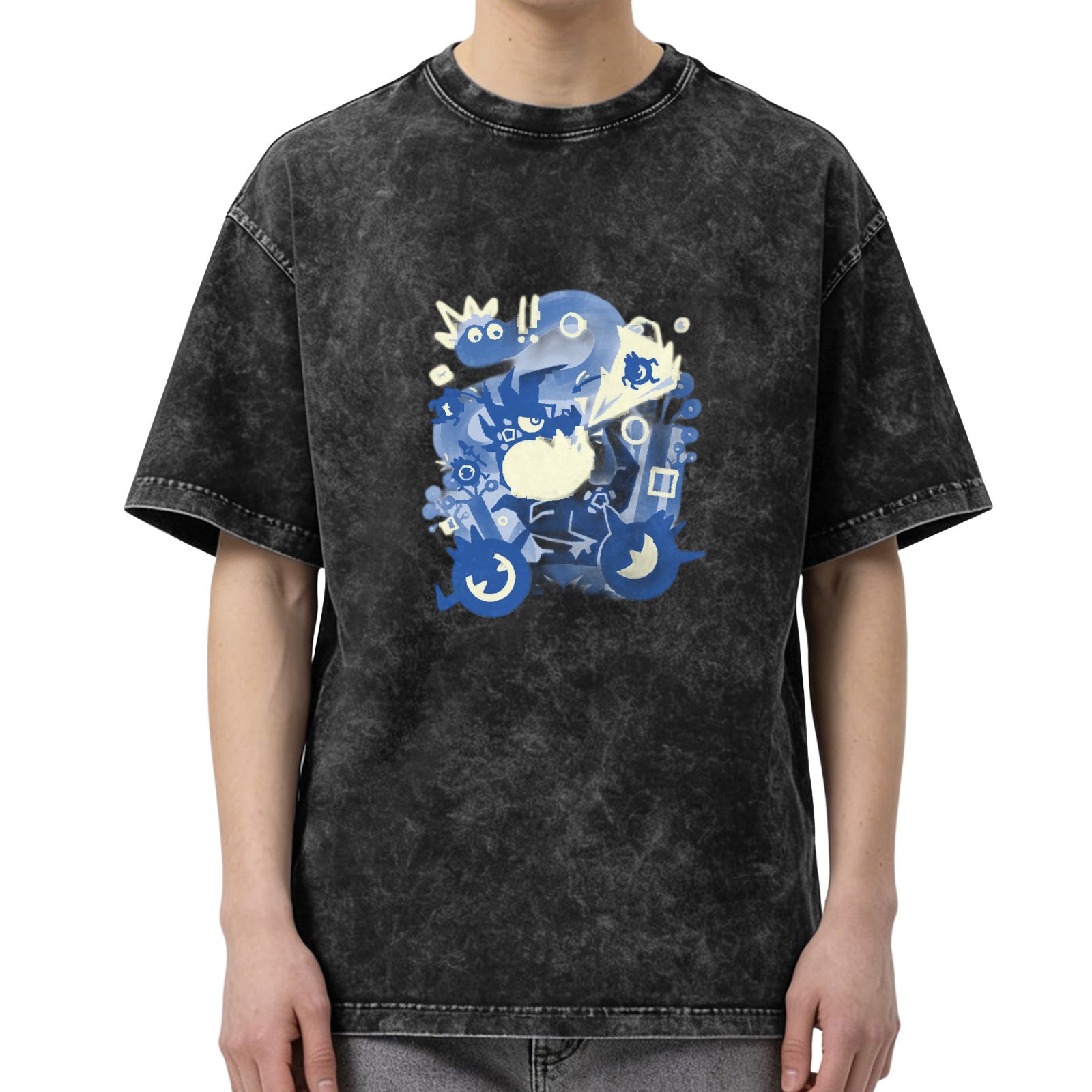 Oversized Washed Black T-Shirt With Blue Whimsical Graphic Print