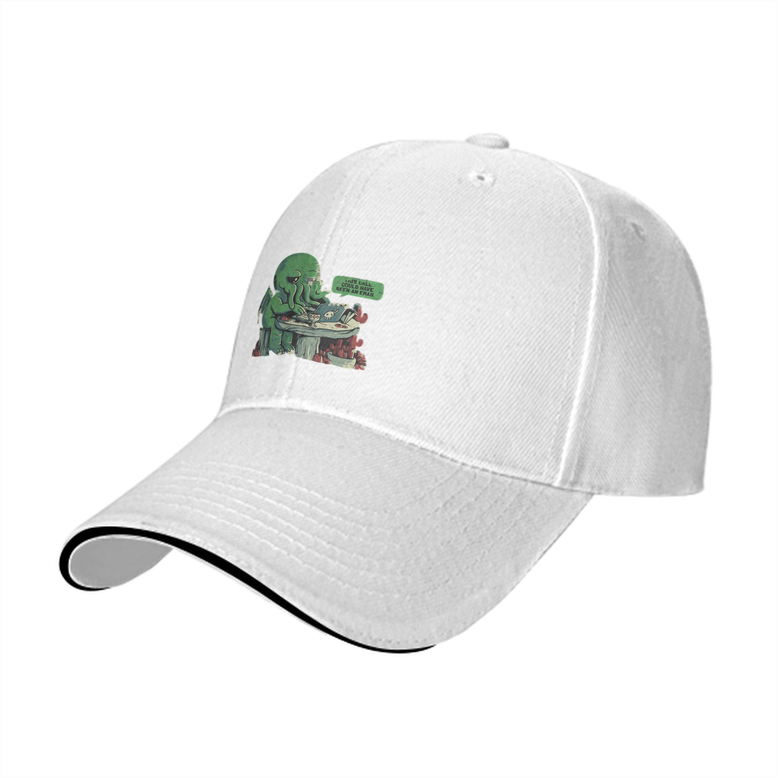 Black baseball cap with cute Cthulhu using laptop graphic