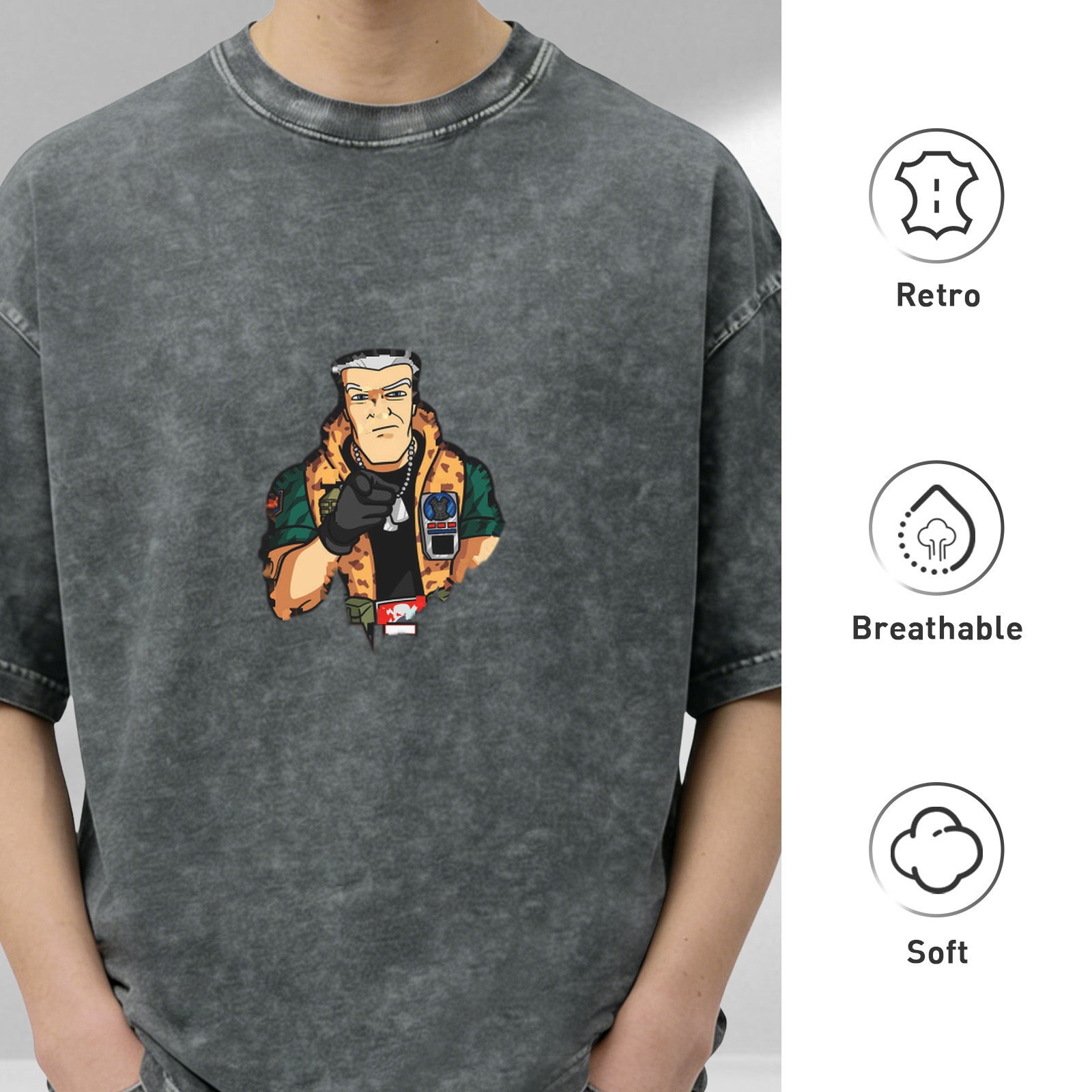 Oversized acid wash graphic t-shirt with cartoon military character print