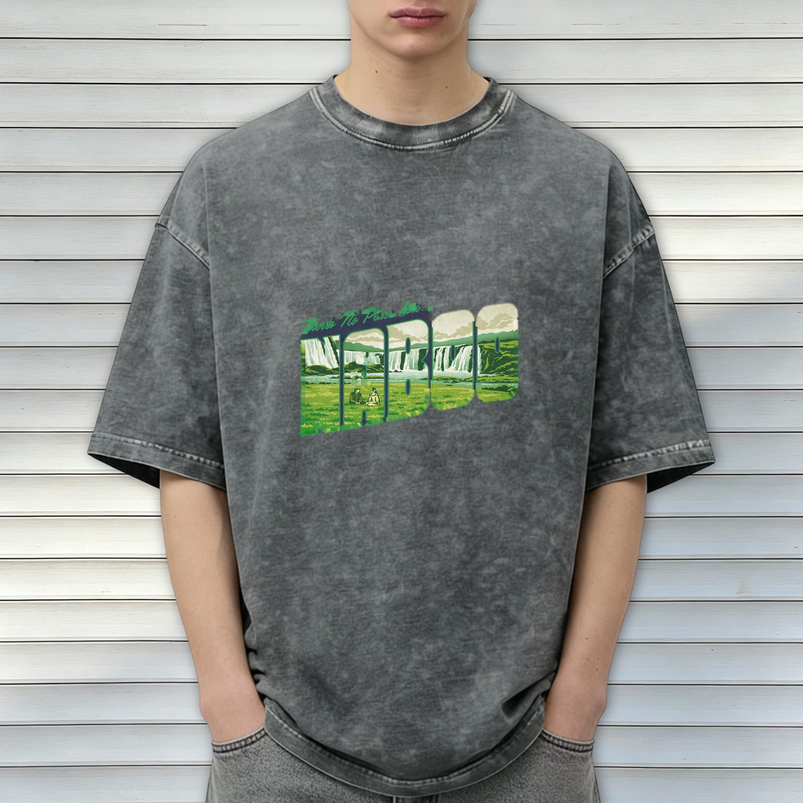 Oversized Acid Wash T-Shirt With Waterfall Landscape Graphic