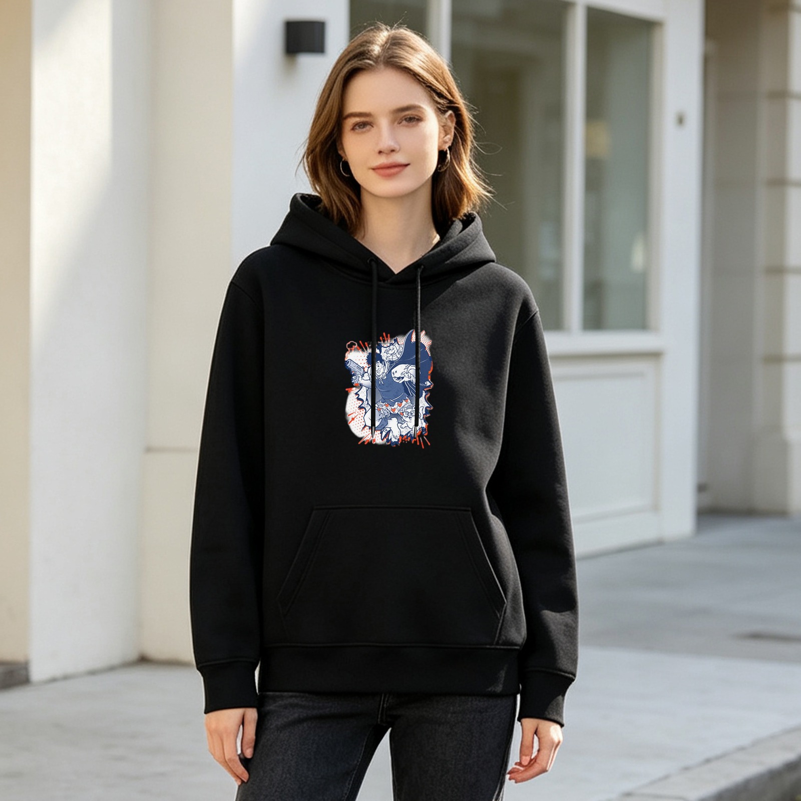 Black Hoodie With Dynamic Anime Character Graphic Print