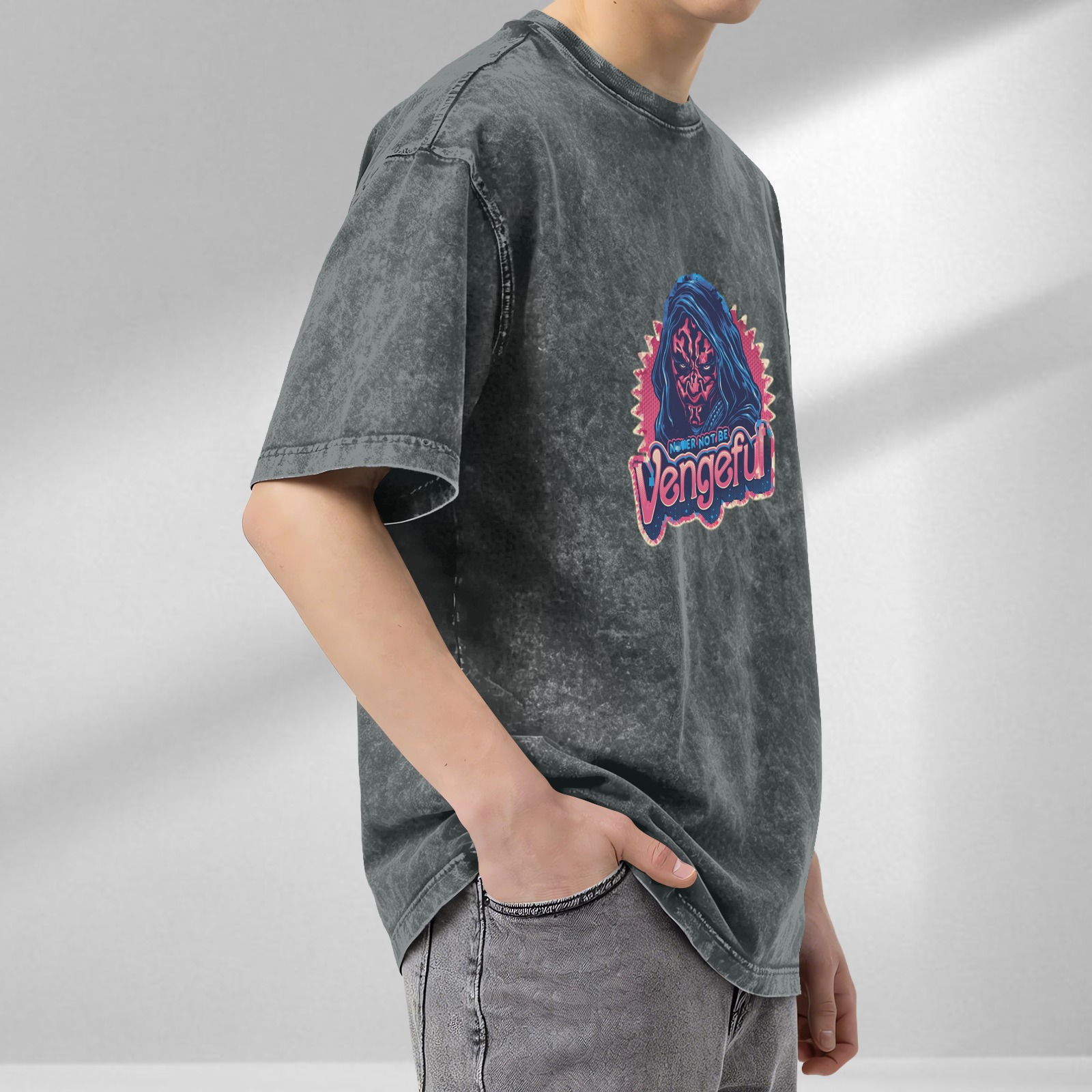 Oversized Acid Wash T-Shirt With Vengeful Dark Hooded Character Print