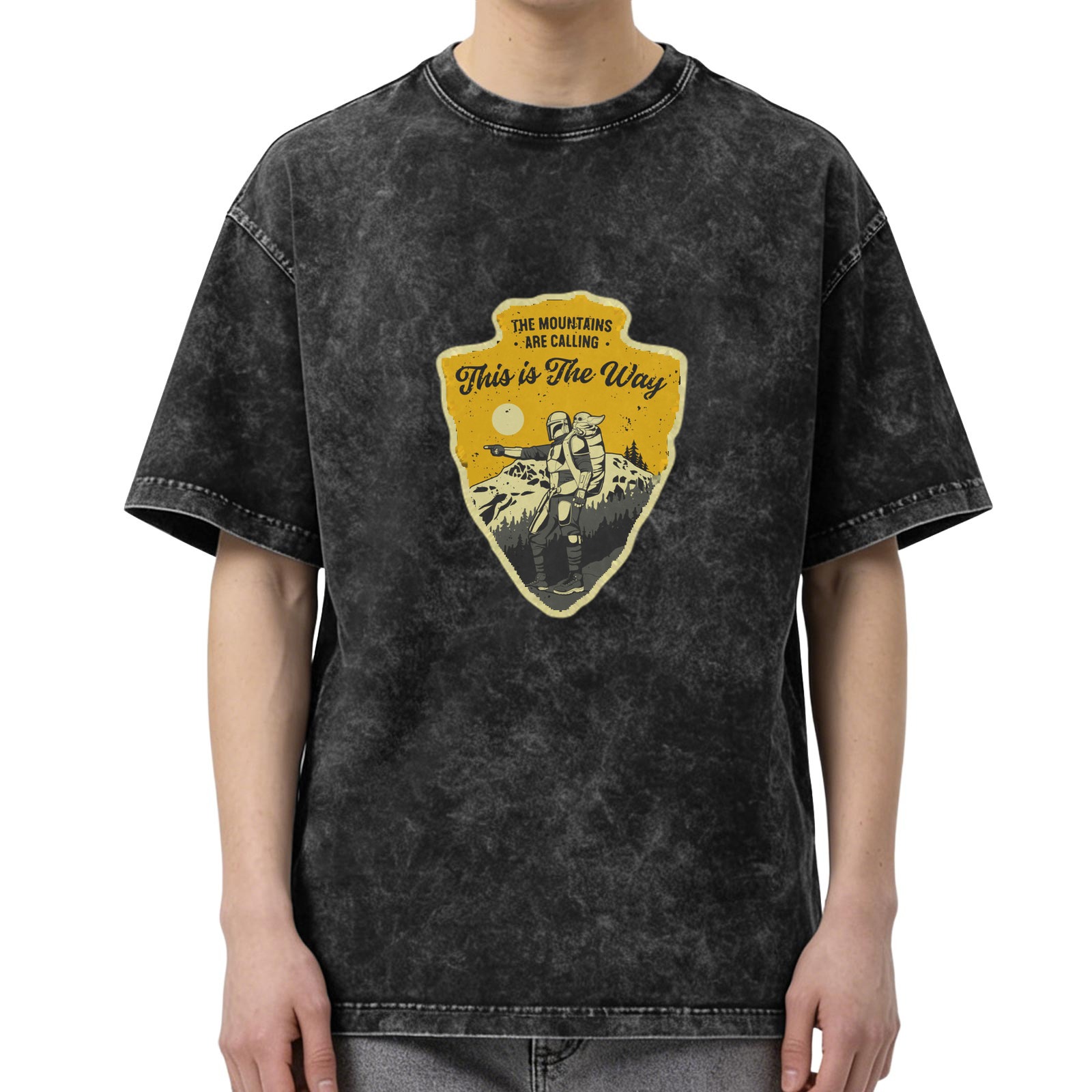 Distressed washed black short-sleeved T-shirt Mandalorian themed outdoor mountaineering print Loose round neck top