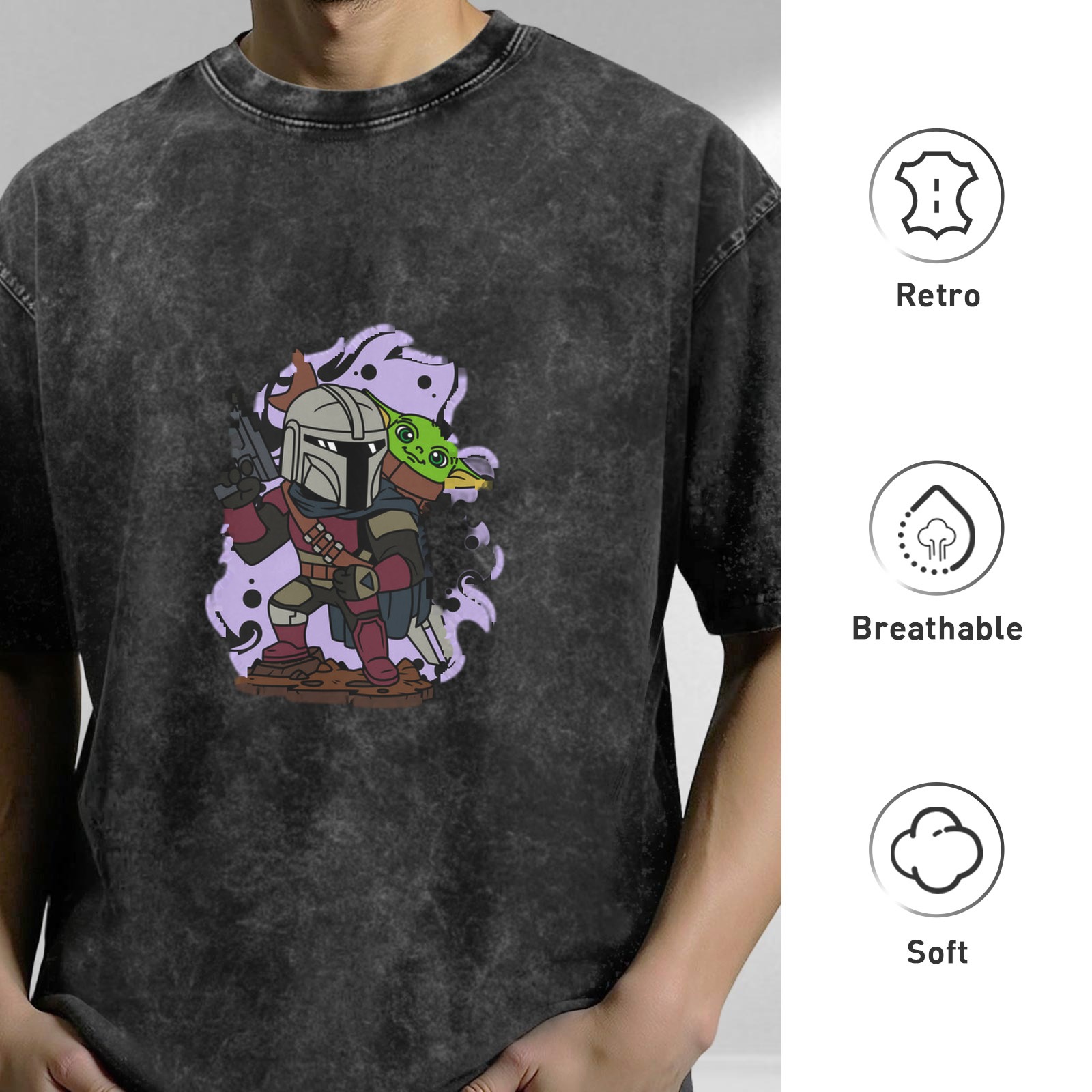 Washed Black T-Shirt with Mandalorian and Child Graphic