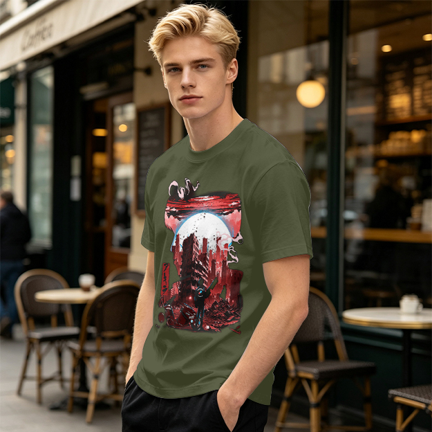 Olive Graphic T-Shirt with Post-Apocalyptic Cityscape Print