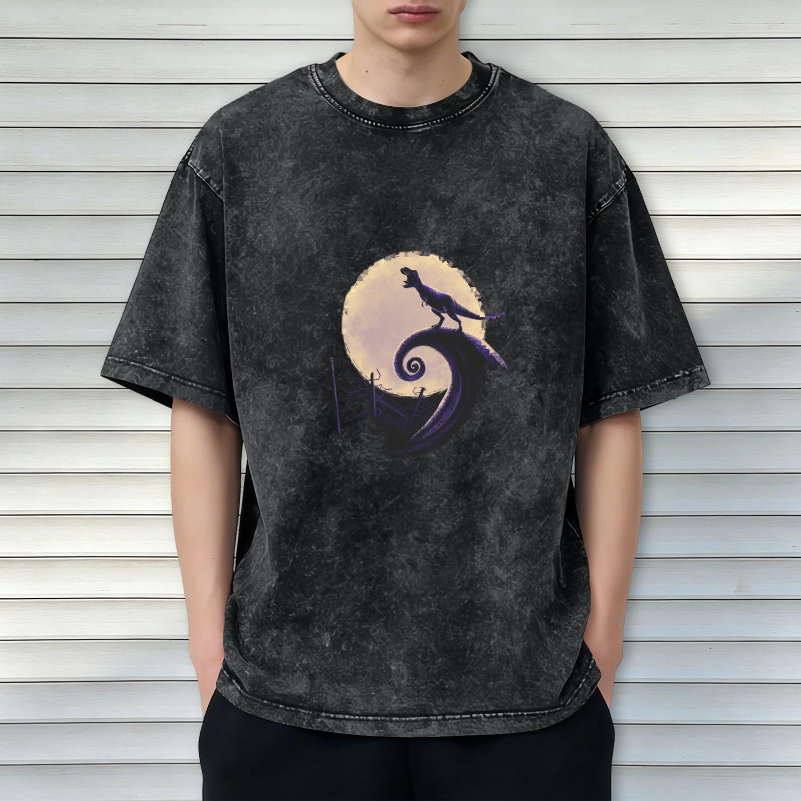 Dinosaur Moon Spiral Graphic Acid-Wash T-Shirt