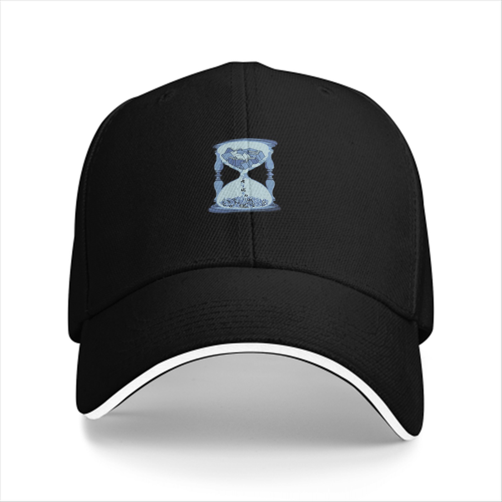 Black baseball cap with light blue hourglass graphic design
