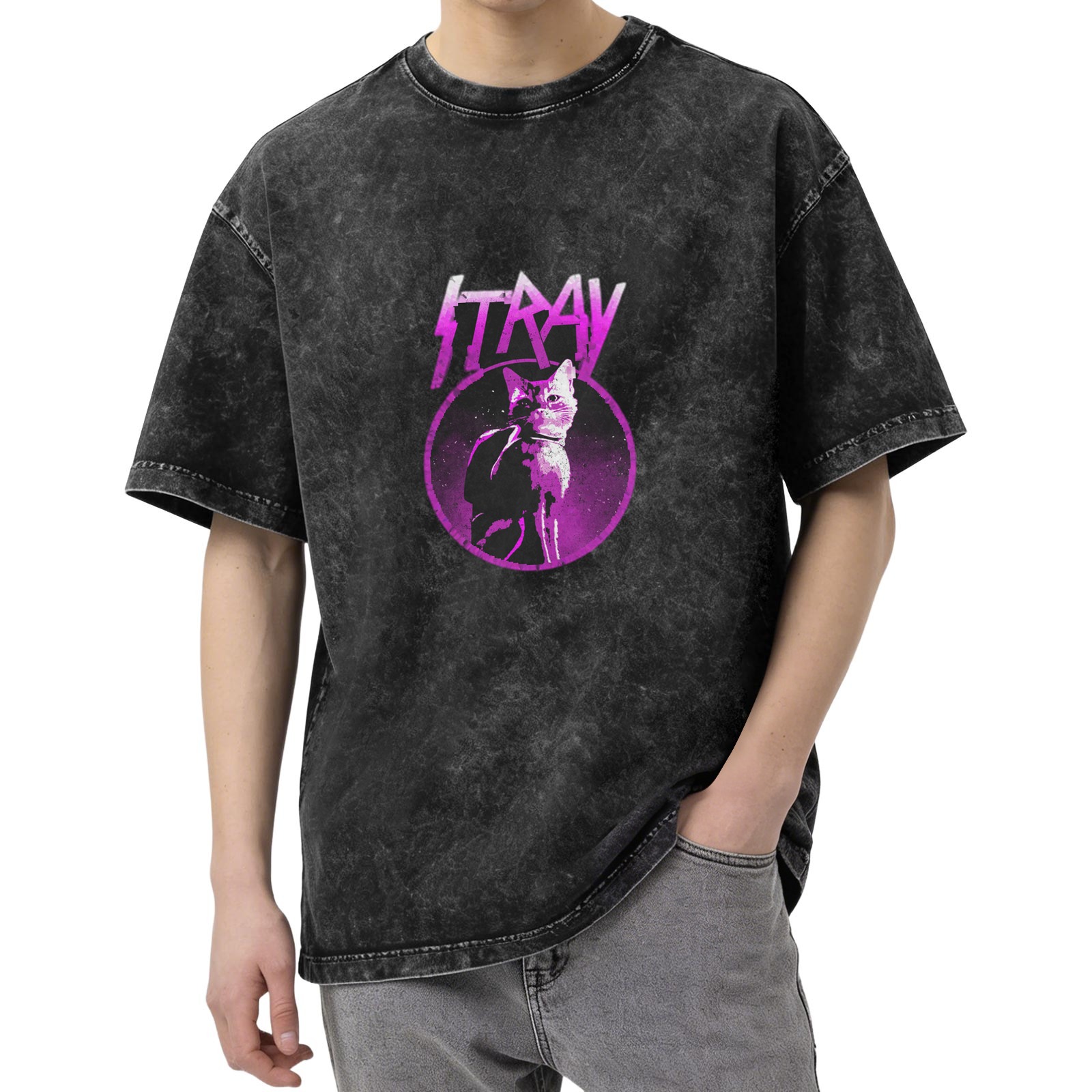 Stray Game Cat Graphic Acid Wash Black T-Shirt
