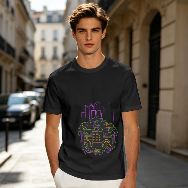 Olive T-Shirt With Neon City Bus Graphic Design