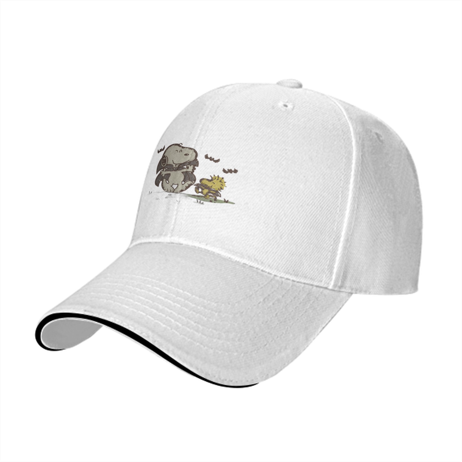 Black baseball cap with Snoopy and Woodstock Halloween design